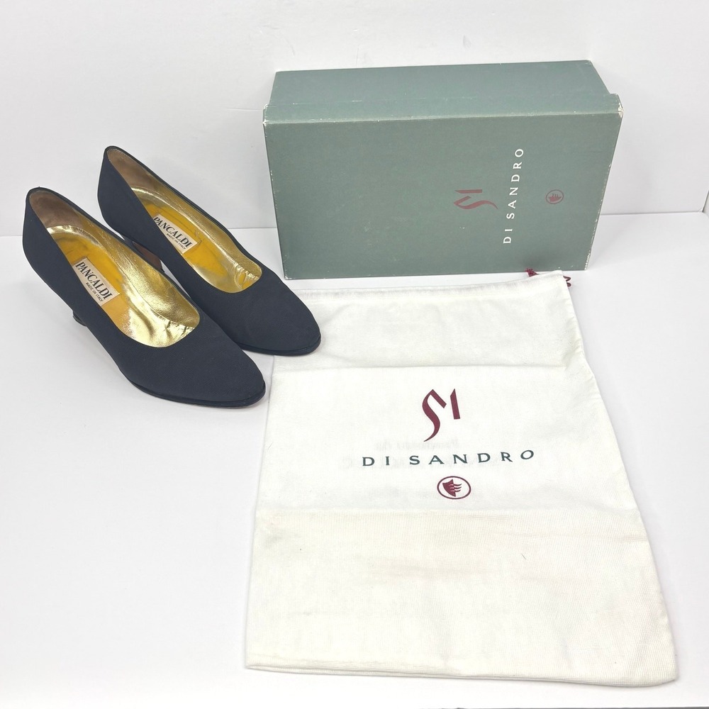 Pancaldi Vintage Navy Ribbed Fabric Pumps Gold‎ Lining Heels Made in Italy 8.5B